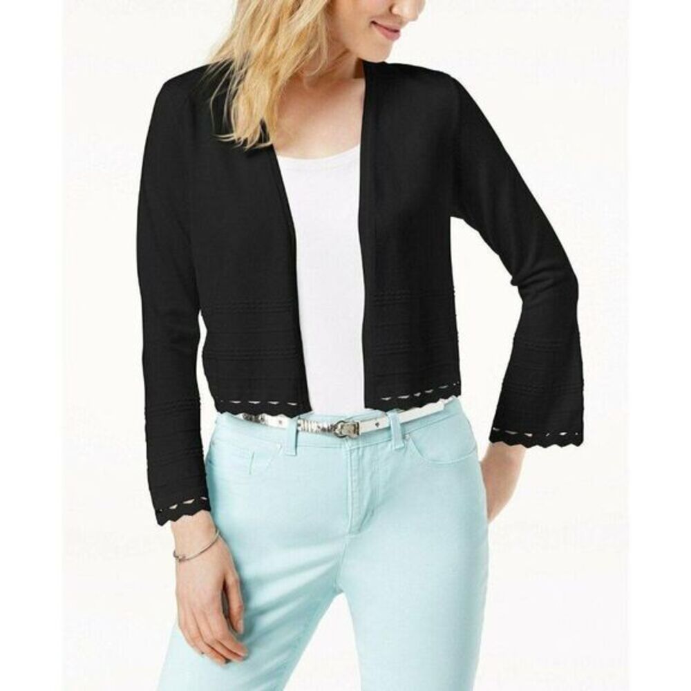 CHARTER CLUB Black Cropped Geo Cutout Cardigan Sweater Top Small NWT